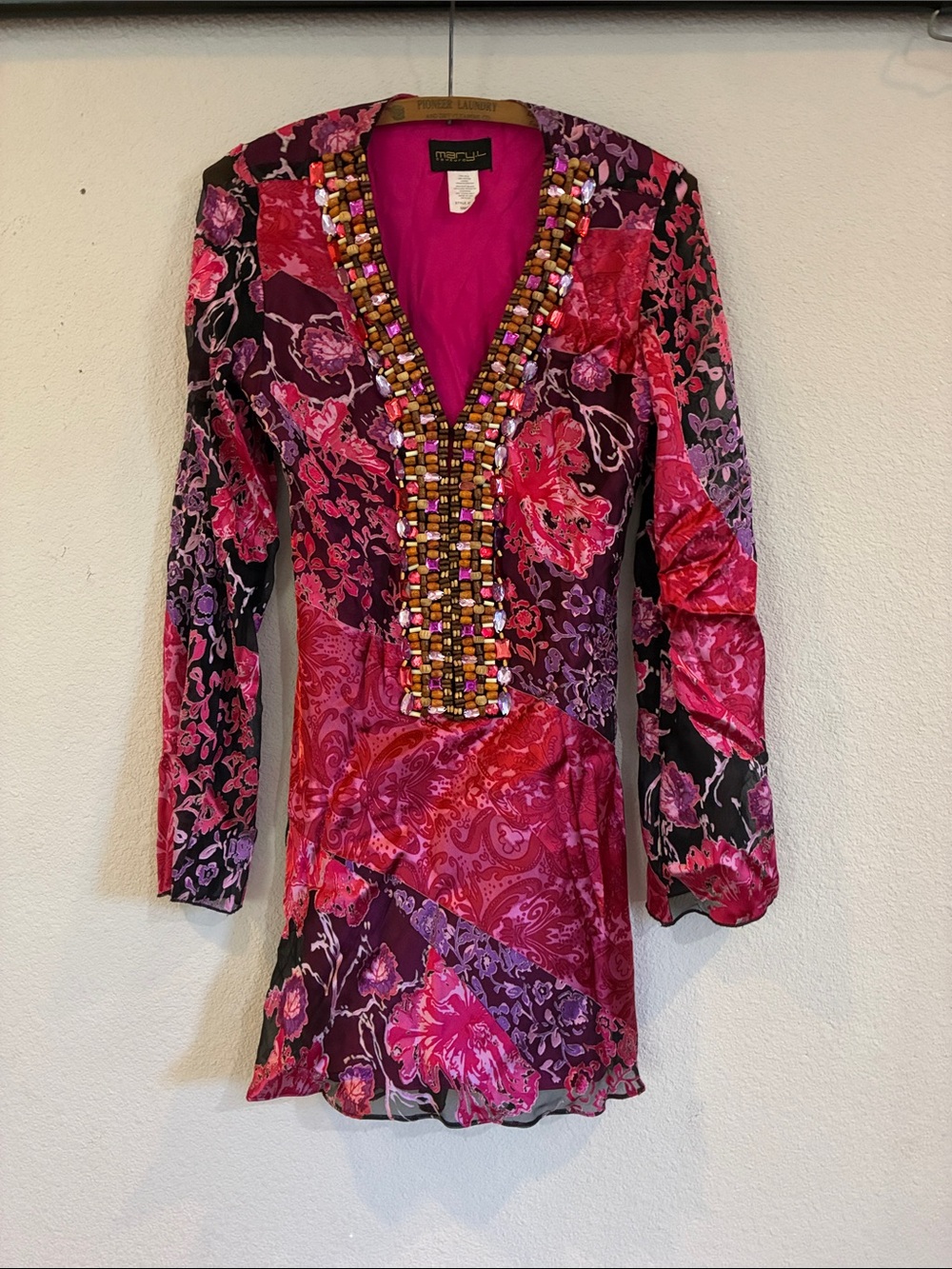 Vintage Mary L Couture Fuchsia Purple Floral Beaded Mini Sleeve Dress Silk
